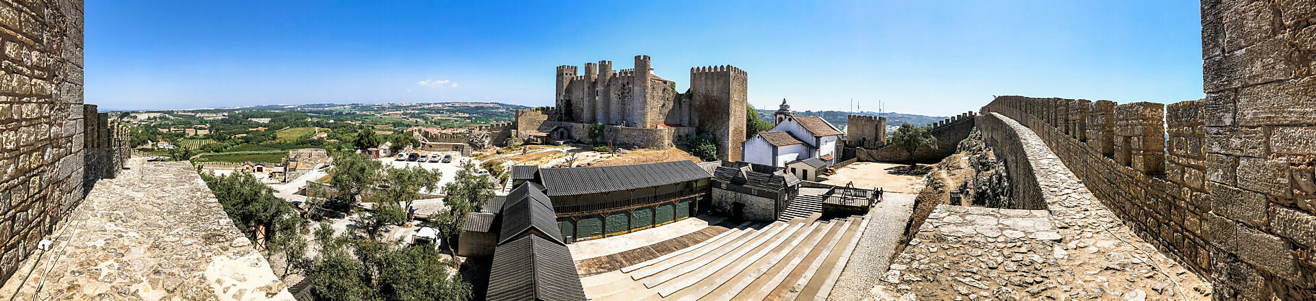 Europe, Portugal, Estremadura, Centro region, Obidos, Vila das Rainhas, City of the Queens, castle grounds with open-air stage, Castelo de Obidos, panoramic shot Europe, Portugal, Estremadura, Centro region, Obidos, Vila das Rainhas, City of the Queens, castle grounds with open-air stage, Castelo de Obidos, panoramic shot